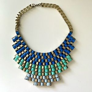 Blue Geometric Multi Layer Ribbon Stripe Weave Bib Chunky Choker Necklace